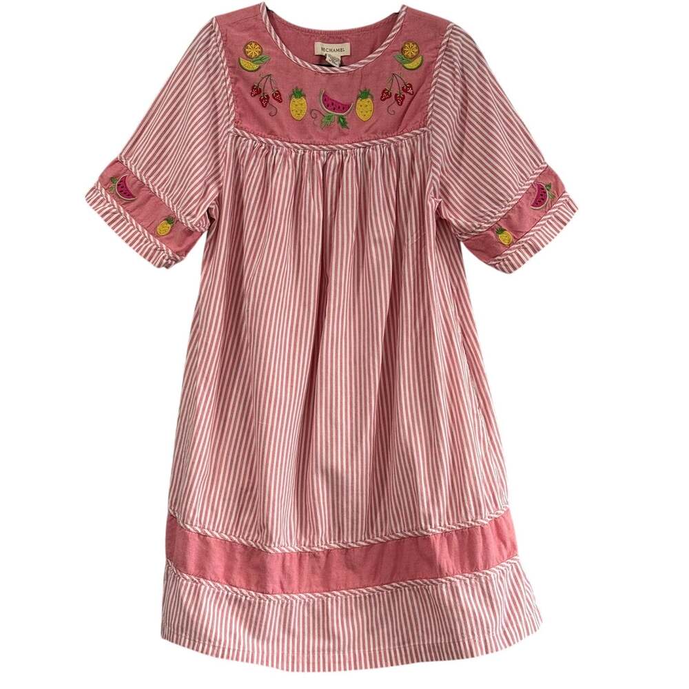 VINTAGE Bechamel 90s Pink Stripe Fruit Embroidered Cotton Muumuu Dress M Pockets